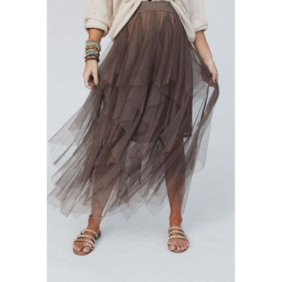 easel Dresses & Skirts - Easel Allover Mesh Ballerina Tulle Princess Maxi Skirt in Olive Grey S-L EB40814